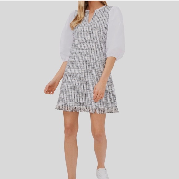 Riley & Rae Dresses & Skirts - Riley & Rae Womens Gray Tweed Puff-Sleeve V-Neck Sweater Shift Dress Size 6